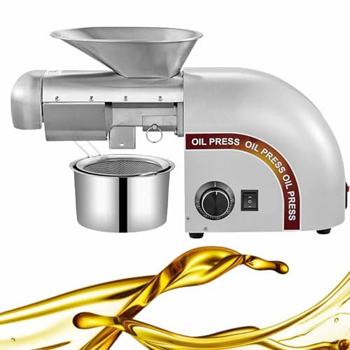 PixCy Spremiolio Elettrico, Automatico in Acciaio Inox Pressa Olio Macchina Olio Espulsore Pressa1250w Pressa Commerciale per Arachidi, Girasole, Olive,Silver-110V