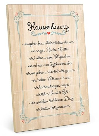 TypeStoff Holzschild mit Spruch – Hausordnung – im Vintage-Look mit Zitat als Geschenk und Dekoration zum Thema Selbstbewusstsein - HS-01370