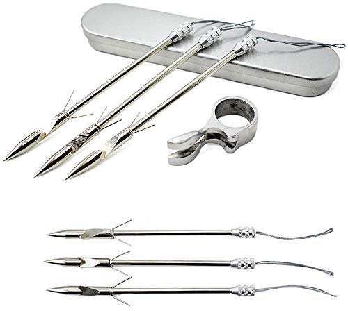 Runzkzy Stainless Steel Slingshot Fishing Arrow Archery, 1 Ring, 1 Box For Fish Shooting, 6 Fish Fishing Arrows, Fish Shooting Darts, Finger Ring Launcher Silver (Package A)