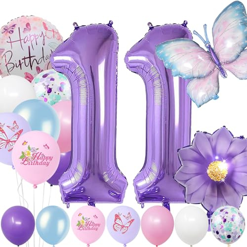 11 Jahre Set - Zahl Folienballon，22 Stück Blau Lila Geburtstagsdeko，Schmetterling Blumen Ballon，Kindergeburtstag Party Deko Zahl 11 Luftballon für Mädchen Jungen Geburtstags Festival Party Dekoration