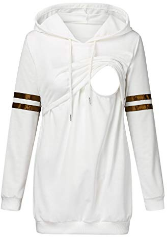 Blouses et Chemises Maternité Double Couche Sweat-Shirt Chemise de Maternité Rayée imprimées Hoodie Vetement Grossesse Top Allaitement Manches Longues Hauts d'Allaitement T-Shirt Grossesse Blanc