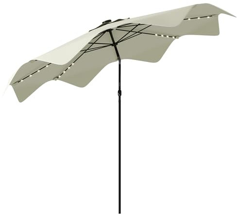 Outsunny Sombrilla de Jardín Ø292x248 cm Parasol de Terraza Manual con 32 Luces LED Solares 8 Varillas Ángulo Ajustable Impermeable y Rejillas de Ventilación para Patio Balcón Crema