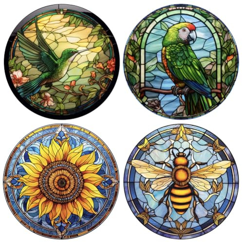 4 Pieces Stained Glass Window Clings - Anti-Collision Bird Sunflower Bee Decals - Removable Non-Adhesive Vinyl Stickers for Window Decoration