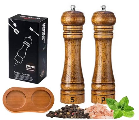 LUHEVIDIA paquete de 3 molinillos de sal de madera maciza,Juego de molinillo de sal y pimienta(22 cm/8,7 pulgadas)-cuenta con rotor de cerámica ajustable y bandeja de pie de madera