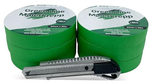 ART COLOR 6x Profi Malerkrepp grün 24mmx50m inkl. Cuttermesser - Maler Abklebeband für exakte Farbkanten - Alu Teppichmesser