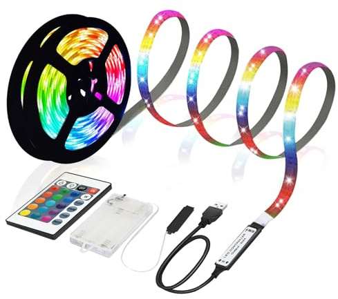 MUSUNIA Tira de luces LED con batería, 2 m, RGB 5050, funciona con pilas o USB, regulable a distancia, 16 colores, se puede cortar para decoración de fondo de TV, armarios, decoración de escaleras