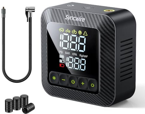 SYNCWIRE Luftpumpe Tragbarer Luftkompressor 10.35Bar 3X Schnellere Reifenpumpe Elektrische Luftpumpe Autoreifenpumpe Car Inflator für Mehrere Modi, mit Ventilkappen für Autoreifen, Extra-großes LCD