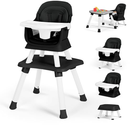 Kinder King 8 in 1 Baby High Chair, Coverts to Dining Booster Seat/Kids Table & Chair Set/Toddler Building Block Table/Kids Stool, Removable Tray & Double Seat Cover, Easy to Wipe, Black & White