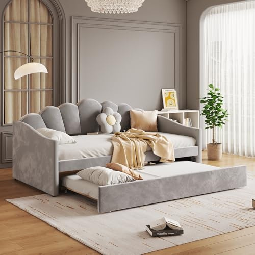 ANIROY Upholstered Bed 90x190cm, 3FT Single Bed with Pull out Trundle Bed, Daybed Sofabed for Adults & Teenagers, without Mattress, Velvet, Grey