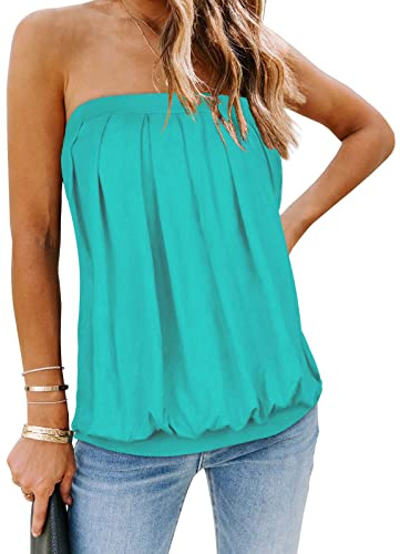 Womens Tube Tops Summer Strapless Bandeau Tanks Casual Sleeveless Vest Off Shoulder Shirts(Blue,L)