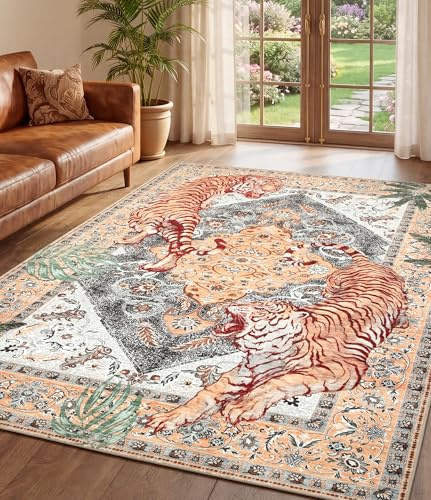 chakme Tiger Area Rug 5x7 Vintage Boho Area Rug for Living Room Soft, Non Slip Washable Rug Stain Resistant Indoor Botanical Animal Carpet for Bedroom, Dining Room, Office, Coral Ivory