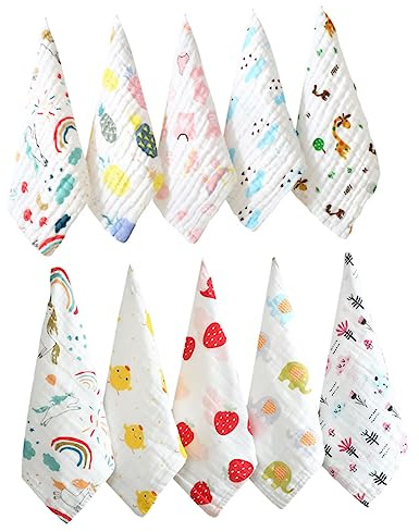 Toyvian 10 Stück Babyhandtücher aus Reiner Baumwolle 30x30cm mit 6-lagiger Musselinstruktur Saugfähig und Weich für Neugeborene und Sanfte Babyhaut Zufälliger Stil