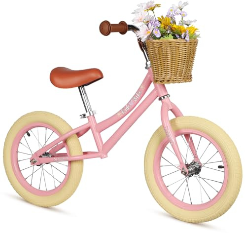 H.yeed Bicicletta senza pedali da 14 pollici per bambini, altezza regolabile con cestino rimovibile e pneumatici in gomma, bicicletta da allenamento per bambini dai 3 ai 6 anni (senza fiori)