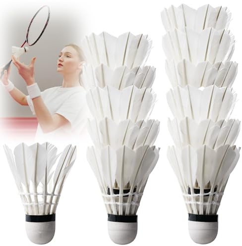 PRITOK Lot de 12 balles de badminton : volants blancs en plume d'oie Tête en liège Entraînement sportif Entraînement à grande vitesse Jardin Plume d'oie Badminton Ballon de badminton pour sports