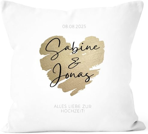 SpecialMe® Kissen-Bezug zur Hochzeit personalisiert mit Namen und Datum Herz-Design Hochzeitsgeschenk Kissenhülle Weiss Standard