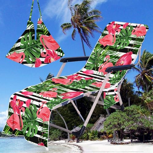 Treer Microfiber Beach Chair Cover Towel, 3D Flamingos Beach Sunbed Towels, 210 x 75 cm Portable Sun Lounger Cover with Pockets, Slipcovers for Garden Vacation (Flamingo 3,210x75cm)
