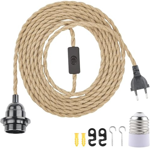 BlueXP E27 Lampenfassung Schalter Stecker 8m Hanfseilkabel DIY | Dekorative E27 Lampenfassung mit Schalter und Stecker langes 8m Hanfseilkabel für DIY Hängelampen Vintage Leuchten