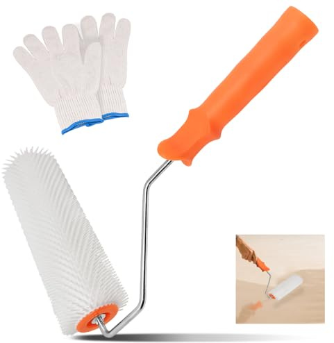 23CM Stachelwalze Entlüftungswalze, Entlüftungswalze für Ausgleichsmasse, Handstachelwalze Entlüftungsroller zur Entlüftung von Bodenbeschichtungen, Stachelwalze mit 1 Paar Handschuhe