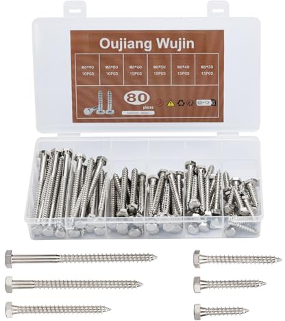 Oujiang Wujin Lot de 80 vis à bois hexagonales M6 en acier inoxydable, vis sans tête hexagonales pour raccords en bois, bricolage, construction de meubles et projets de jardin