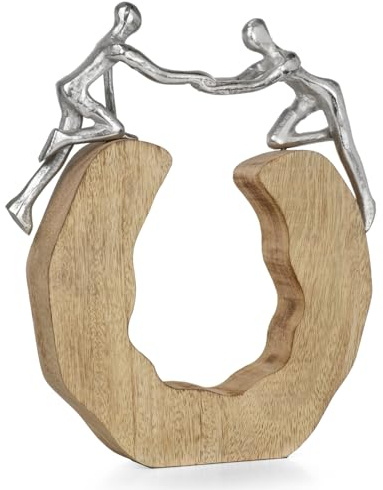 Moritz Skulptur Freundschaft ca. 33 cm – Mangoholz Zusammenhalt Deko Silber | Zwei silberne Figuren reichen sich auf massivem Holzbogen die Hand, handgefertigtes Unikat, Symbol fuer Naehe, Geschenkidee