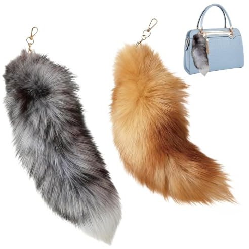 2 Stück therian tail, 40cm Fuchsschwanz Anhänger, Extra Groß Schlüsselanhänger Tasche Zusätze Auto Schlüsselketten, Groß Plüsch-Schlüsselanhänger Für Taschen/Handtaschen/Cosplay/Kunstpelzschwanz