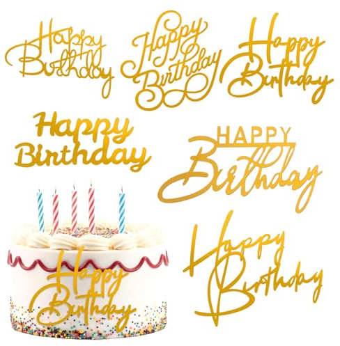 6 Pcs Happy Birthday Cake Topper, Gold Glitter Acrylic Side Mirror Cake Sign Gold Inserts Decoratin Decor CupCake Tools DIY CupCake Sign Toppers Party Supplies