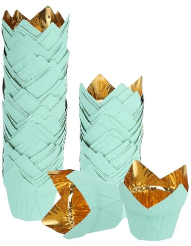 QUARKZMAN 50 cápsulas de papel de aluminio para hornear cupcakes y muffins con forma de tulipán, ideales para bodas, cumpleaños, fiestas, festivales y Navidad. Color dorado/verde.