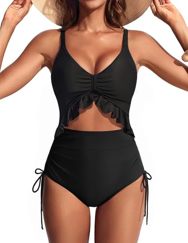 Hanna Nikole Dam magkontroll baddräkt, V-ringad hög midja elegant endelad, volanger dekorativa utskärningar monokini badmode, svart, XL