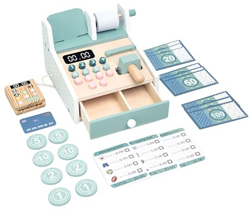 [Mokcoliy] Kinder Kasse aus Holz - inkl. Zubehör (Scanner, Zahlungsterminal, Spielgeld usw.), Kaufläden & Zubehör zum Rollenspiel, Spielkasse für Kinder ab 3 4 5 6 Jahren