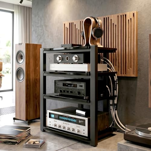YDEHUEAD Mobile HiFi a 3 Ripiani per Giradischi e Componenti Audio(B-4H) | Supporto Multimediale Verticale con Struttura Robusta, Rack Stereo perfetto per Vinili, Console Gaming e Decoder, Design