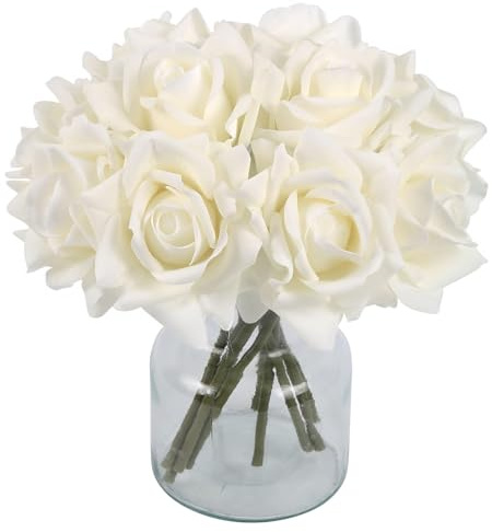 Künstliche Weiße Rosen mit Stielen 2 Sträuße Realistischer Blumenstrauß 10 Stück Dekorative Rosen Künstliche Blumen, fühlen Sich echt an, für Hochzeit, Party, Wohnzimmer, Tisch, Heim dekor (weiß)