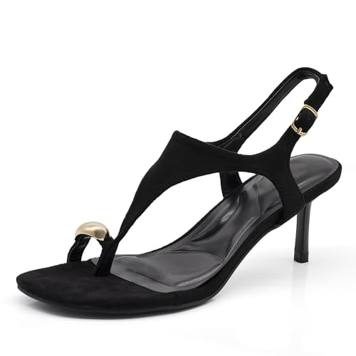 IF Sandali Donna Eleganti con Tacco Sottile, Infradito Effetto Camoscio con Applicazione Dorata, Cinturino Regolabile alla Caviglia, Scarpe da Cerimonia e Sera GH-825 nero N.37