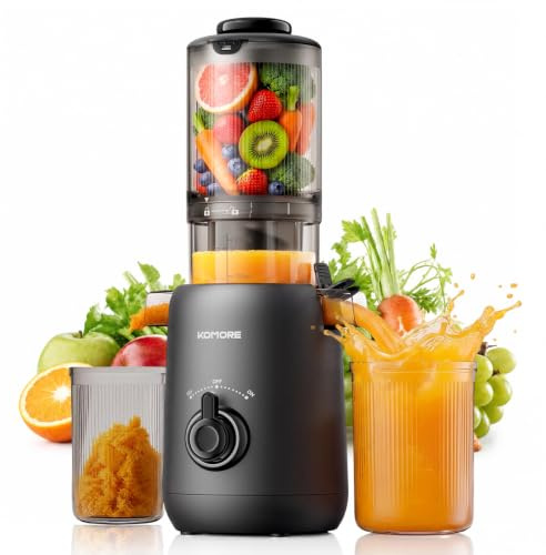 KOMORE Cold Press Juicer Machines, 110MM Chute, Whole Fruit Juicer, Black | Slow Juicer for Whole Fruits and Vegetables, BPA Free, Easy-Clean, 200W, High Juice Yield, Safety Lock & Reverse Function