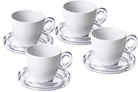 Omada Design Set 4 Tazze da The in Porcellana, Tazza da tè da 20cl, Piattini e Manico in Acrilico, Made in Italy, Linea Crystal, Bianco