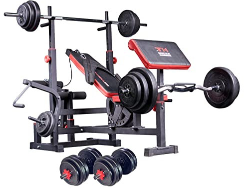 trainhard Force Station remise Banc de musculation Noir/Rouge avec long, de Curl et de Haltère courte et 150 kg Haltères