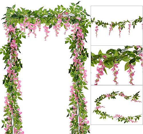 DearHouse 4Pcs 6.6Ft/Piece Artificial Flowers Silk Wisteria Garland Artificial Wisteria Vine Rattan Silk Hanging Flower for Home Garden Outdoor Ceremony Wedding Arch Floral Decor(Pink)
