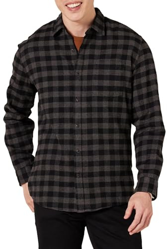 Amazon Essentials Camisa de franela de manga larga Hombre, Color Carbón Cuadros de Vichy Grandes, L