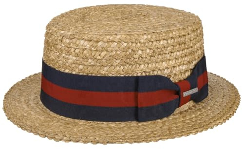 Stetson Boater Weizenstrohhut Naturfarbener Hut mit blau-rotem Ripsband Klassisch UV-Schutz 40+ Damen Frühjahr Sommer Natur XL (60-61 cm)