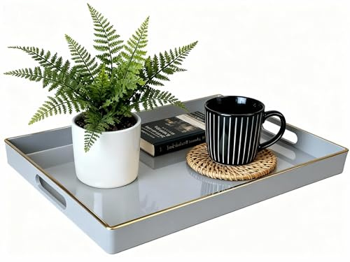 Simmer Stone Dekoratives Tablett, rechteckig, Kunststoff mit Griffen, moderner Schminktisch und Servieren für Ottomane, Couchtisch, Küche und Bad, 39,6 x 25,9 x 3,8 cm (grau)