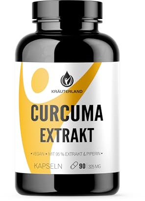 Kräuterland Kurkuma Kapseln - 90 Kurkumakapseln mit Curcuma Extrakt - über 95% Curcumin, schwarzer Pfeffer & Piperin - hochdosiert, vegan - Premium Qualität