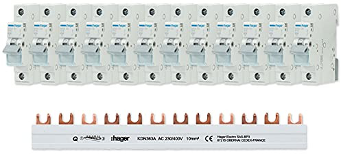 Hager Set 12x LS-Schalter 16A MBN116 & 3-polige Phasenschiene KDN363A | Sicherungset mit Leitungsschutzschaltern B-Charakteristik, 6kA Schaltvermögen & Kammschiene zur Elektroinstallation
