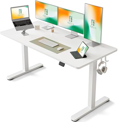 FEZIBO Bureau Debout Électrique Réglable en Hauteur, Table de 152 x 60 cm, Bureau de Travail Assis-Debout avec Panneau d'Assemblage, Cadre Blanc/Plateau Blanc