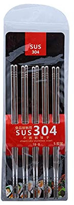 304 acciaio inox 5 paia/set bacchette metalliche cinesi antiscivolo in acciaio inox bastoncini in acciaio inox set riutilizzabile bastoncini per alimenti sushi hashi borsa (Color : 5-pcs)