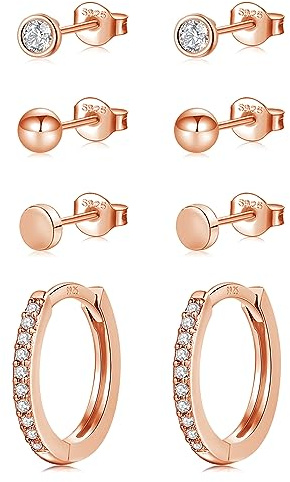 Ohrringe Set Ohrringe Silber 925, 4 Paar Ohrstecker Silber 925 Creolen Ohrringe Gold/Silber/Rosegold con Cubic Zirkonia, Kleine Ball Flache Ohrstecker Set für Damen Herren Mädchen 4 5 12mm
