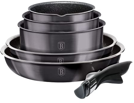 Belinger Haus 12 Pcs Colorful Space Saving Cookware Frying Pan Sauce Pan Casserole Pot Set Induction Lid Handles (Carbon Pro)