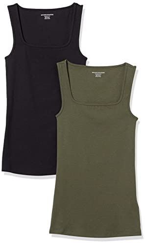 Amazon Essentials Camiseta sin Mangas de Corte Ajustado con Cuello Cuadrado Mujer, Pack de 2, Negro/Verde Oliva Oscuro, L