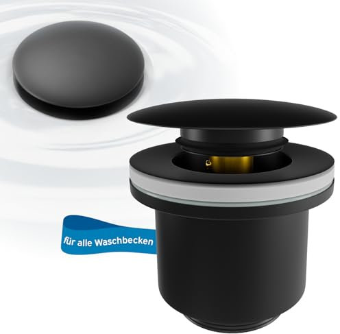 kör4u Design Pop Up Ventil schwarz matt, 1 1/4 Zoll, höhenverstellbar, universal Ablaufgarnitur für Waschbecken, Waschbeckenstöpsel, Ablaufventil, Abflussstopfen inkl. Dichtungen
