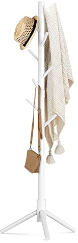 Haddockway Wooden Coat Rack Stand with 8 Hooks New Zealand Pine 3 Adjustable Coat Standing Tree Easy Assembly for Coats, Hats, Scarves and Handbags for Entryway, Hallway, Bedroom, Office, white