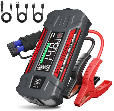 LOKITHOR J401 2500A Starthilfe Powerbank, 12V Auto Starthilfe mit 100W Schnellladung, Tragbare Batterie Booster für 8.5L Gas und 6.5L Diesel, LED Taschenlampe, 3.95'' Intelligenter Bildschirm