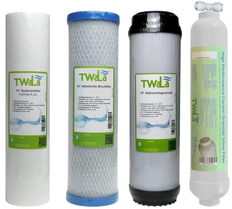 TWaLa Wasserfilter Set 10 4-teilig Ersatzfilter Umkehrosmose Anlage RO Sediment Aktivkohleblock Aktivkohlegranulat (3 Vorfilter Granulat + Nachfilter)